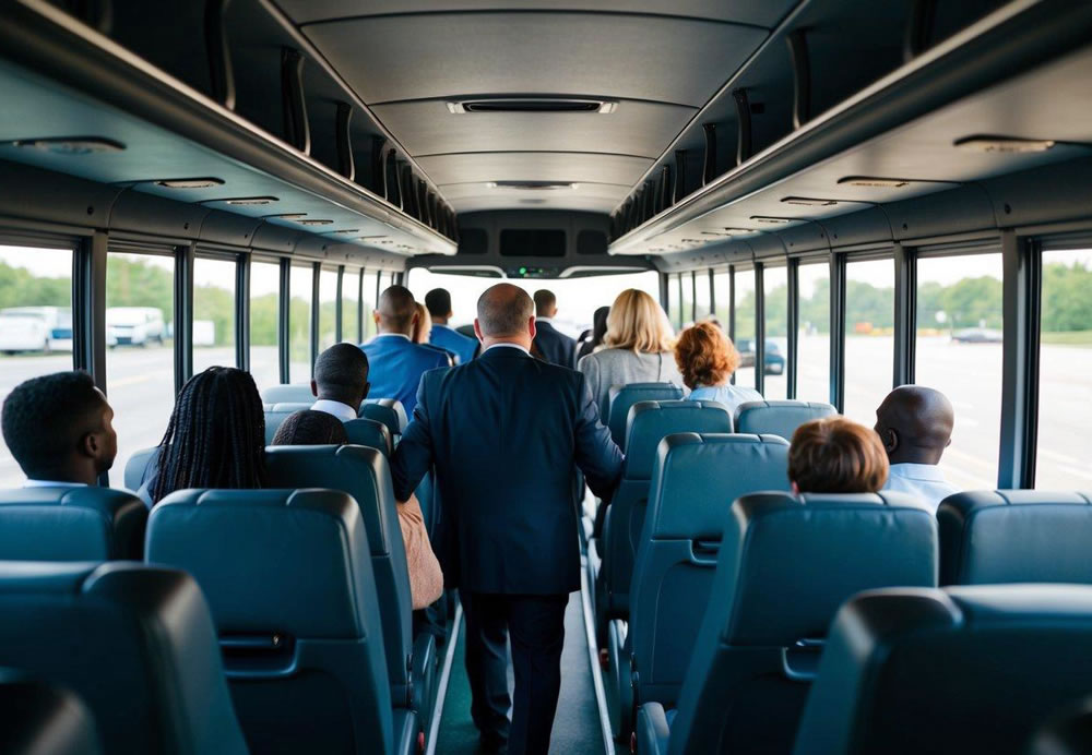 Passengers boarding a charter bus, following guidelines and rules, maintaining etiquette during the journey