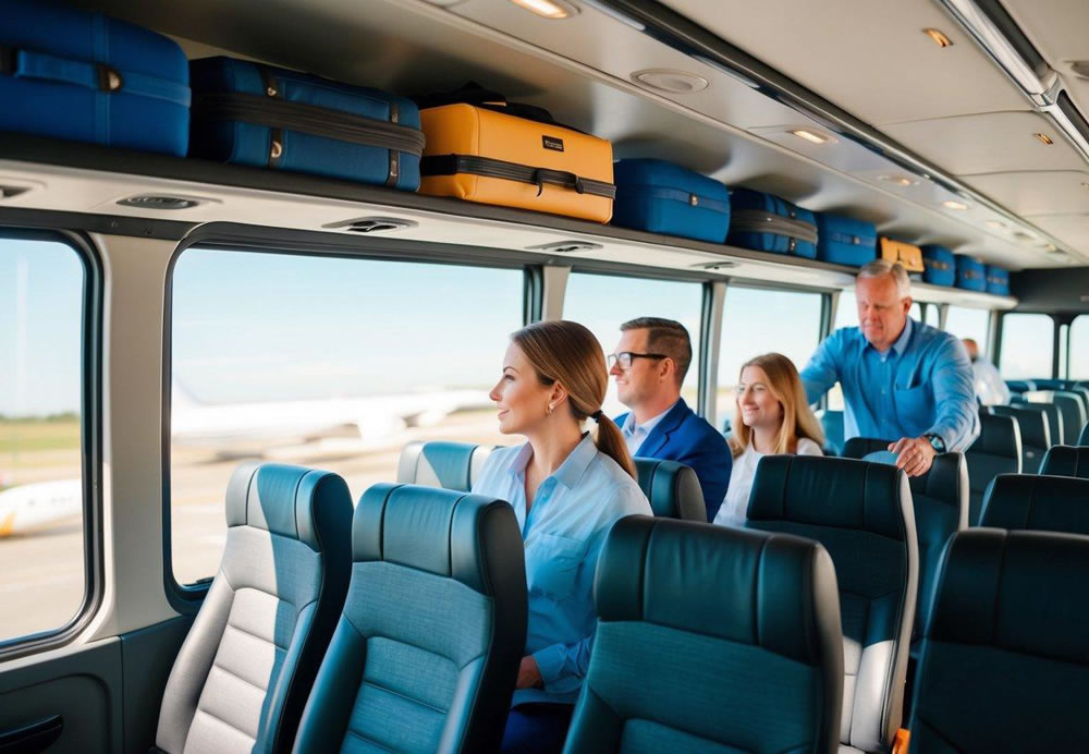 Passengers boarding a charter bus, placing luggage in overhead compartments, and taking assigned seats while following guidelines