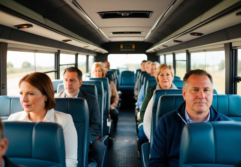 Passengers seated quietly on a charter bus, keeping personal items contained and respecting others' space