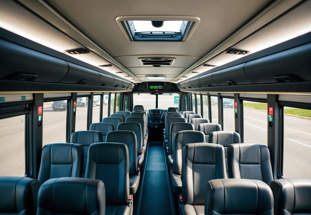 A charter bus interior with spacious seating, clean aisles, and overhead storage compartments. Clear signage and visible emergency exits