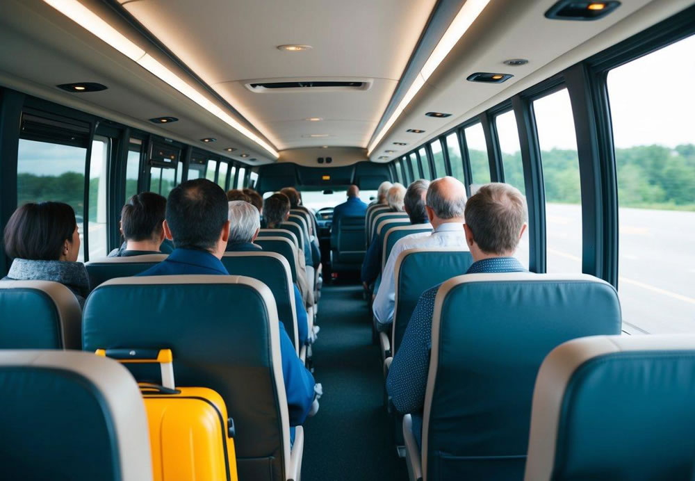 Passengers boarding a charter bus, following guidelines and rules, seating themselves in an orderly manner, with luggage stored in designated areas