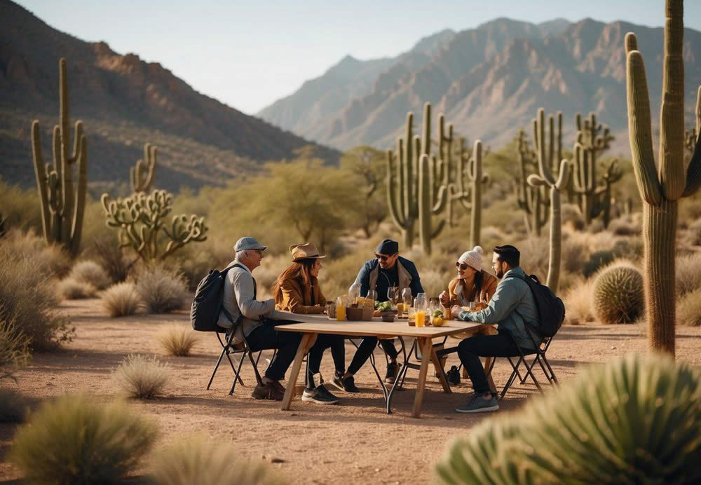 A group of people enjoying outdoor activities like hiking, biking, and picnicking in a scenic desert park with cacti and mountains in the background