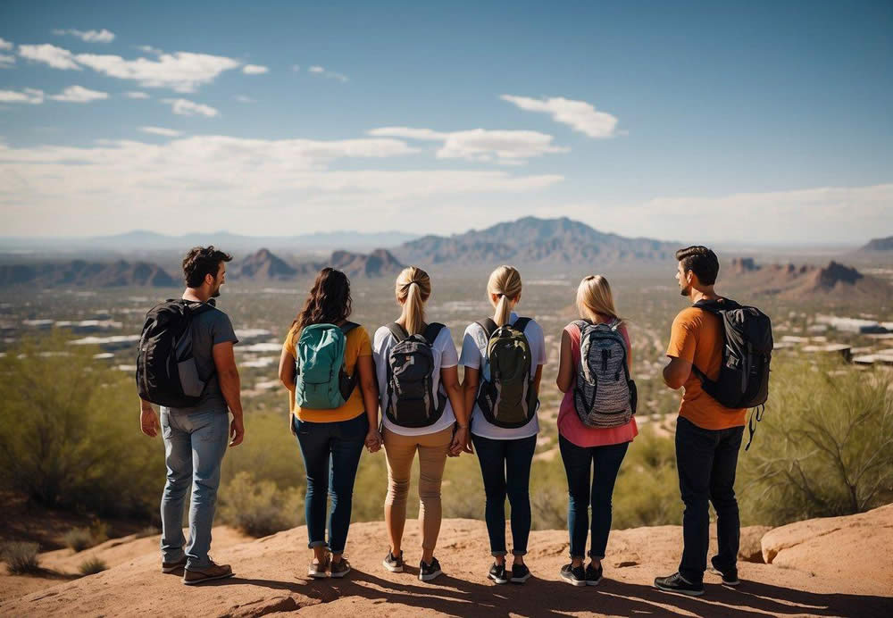 A group of people enjoying outdoor activities in Phoenix, including hiking, sightseeing, and visiting cultural attractions. The skyline and desert landscape provide a stunning backdrop for group photos