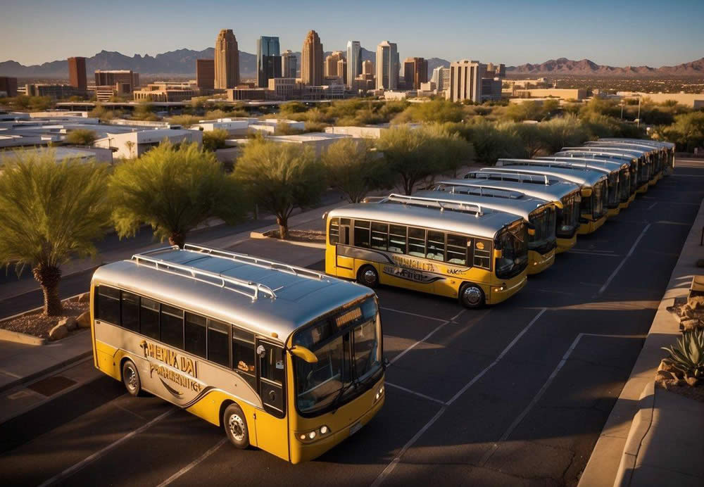 A fleet of buses lined up outside a vibrant city with iconic landmarks in the background, showcasing the top 10 things to do in Phoenix for large groups