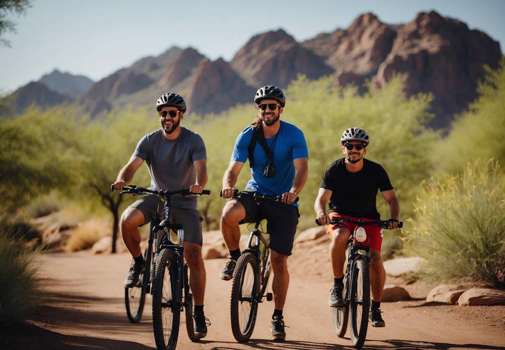 A group of people enjoying outdoor activities in Phoenix, such as hiking, biking, and sightseeing at popular landmarks like Camelback Mountain and Papago Park