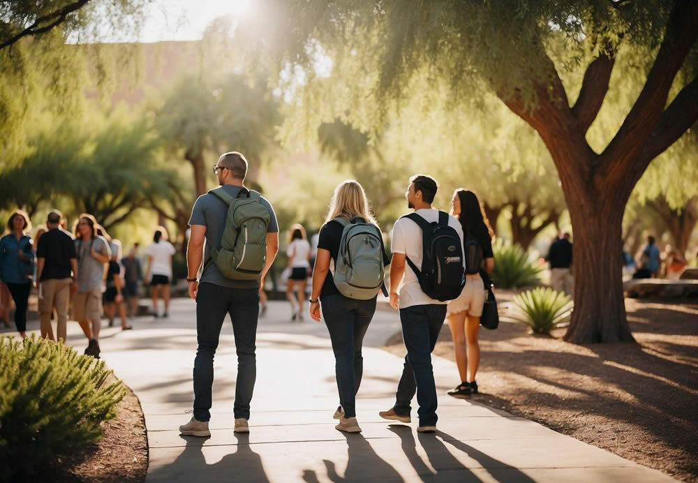 A group of people enjoying outdoor activities in Phoenix, such as hiking, visiting museums, and exploring botanical gardens. The sun is shining, and everyone is having a great time together