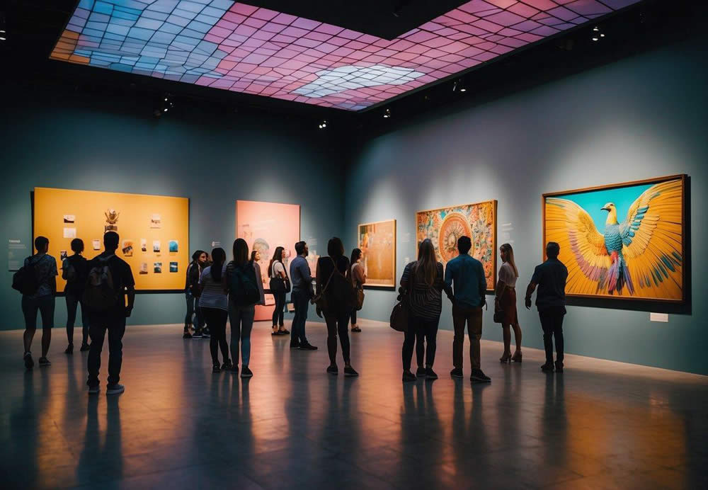 A group of people exploring a vibrant museum, surrounded by colorful artwork and cultural exhibits in Phoenix