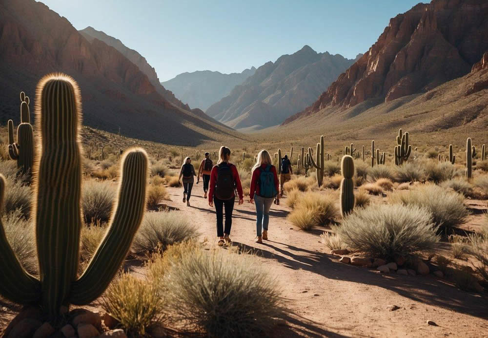 A group of people hiking through the rugged desert terrain, with towering cacti and rocky mountains in the background. The sun is shining brightly in the clear blue sky, casting long shadows on the ground