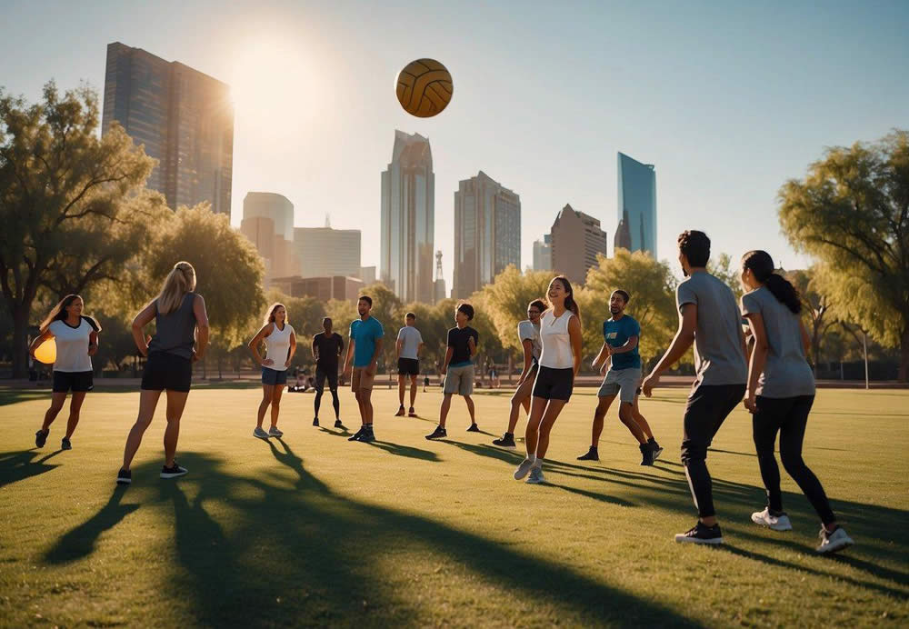 A group of people enjoying outdoor games, such as volleyball and frisbee, in a spacious park with a backdrop of the Phoenix skyline