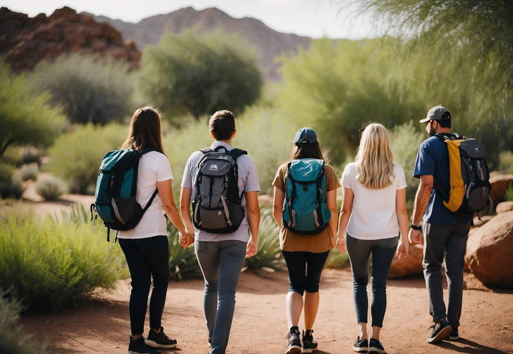 A group of people enjoy outdoor activities in Phoenix, such as hiking, visiting the Desert Botanical Garden, and exploring the Phoenix Zoo