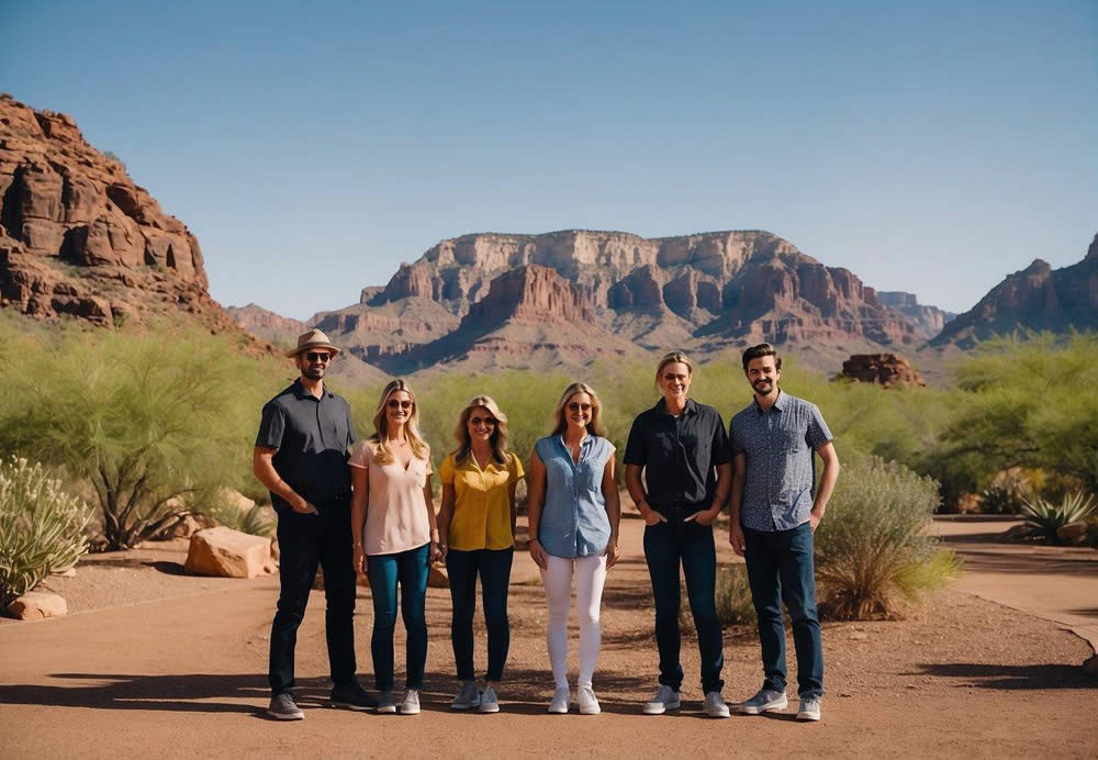 A group of people standing in front of iconic Phoenix landmarks, including the Grand Canyon, Desert Botanical Garden, and Camelback Mountain