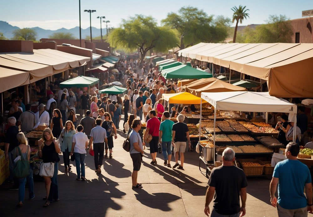 A bustling outdoor food market with colorful stalls and a variety of dishes. People gather around to sample the local cuisine, while others browse the top 10 things to do in Phoenix with a large group