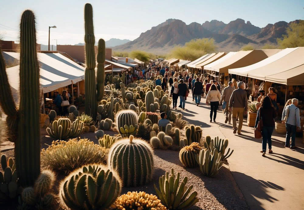 A bustling outdoor market with colorful stalls and lively music, surrounded by towering cacti and desert landscapes. Shoppers browse unique handcrafted goods while enjoying the warm Arizona sun