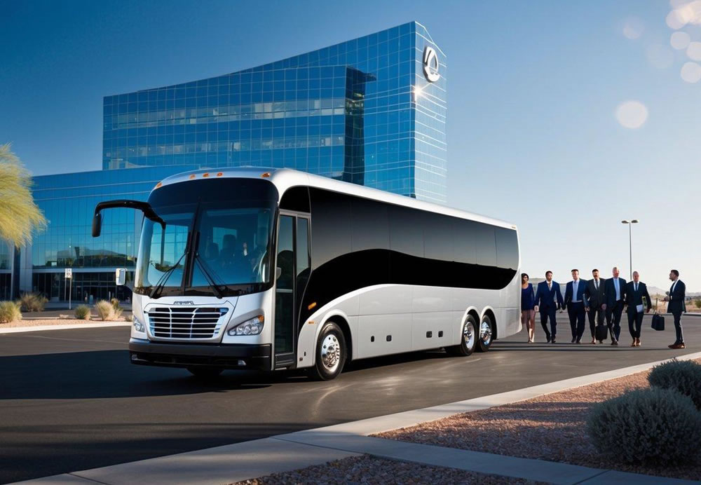 A sleek charter bus parked in front of a modern office building in Phoenix, Arizona, with a group of professionals boarding