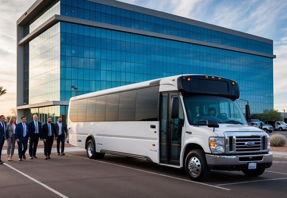 A charter bus parked outside a modern office building in Phoenix, Arizona, with a group of professionals boarding for a corporate event