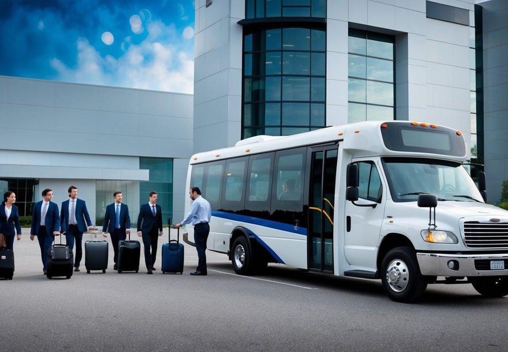 A charter bus parked in front of a modern office building, with a group of professionals boarding and loading their luggage