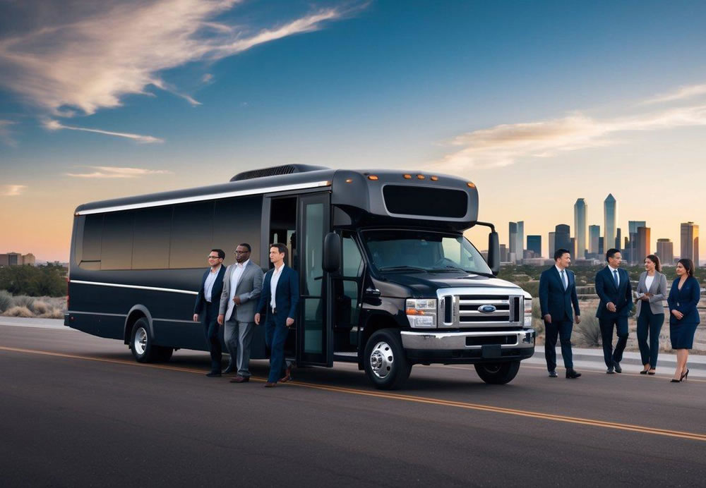 A group of corporate professionals board a sleek charter bus in downtown Phoenix, with the city skyline in the background