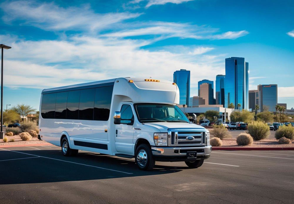 A sleek charter bus parked in front of a modern office building in Phoenix, Arizona, with the city skyline in the background