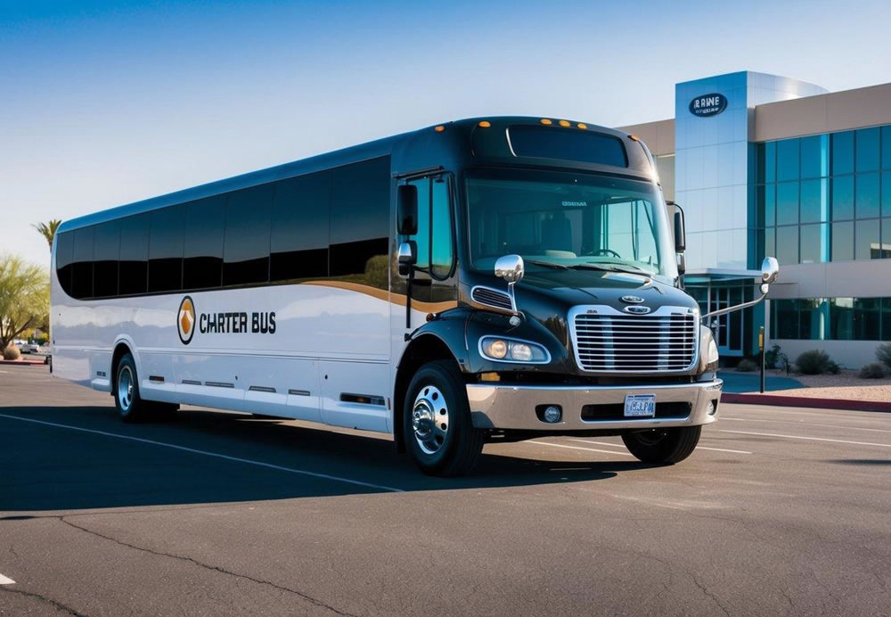 A charter bus parked outside a corporate office building in Phoenix, Arizona. The bus is sleek and modern, with the company logo prominently displayed on the side