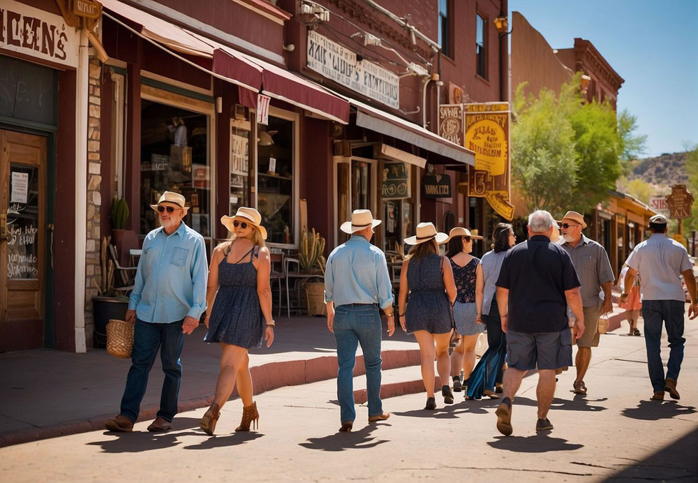Visitors stroll past colorful galleries and artisan shops in the historic mining town of Jerome, AZ. The vibrant arts scene and unique shopping experience make for a perfect day trip from Phoenix
