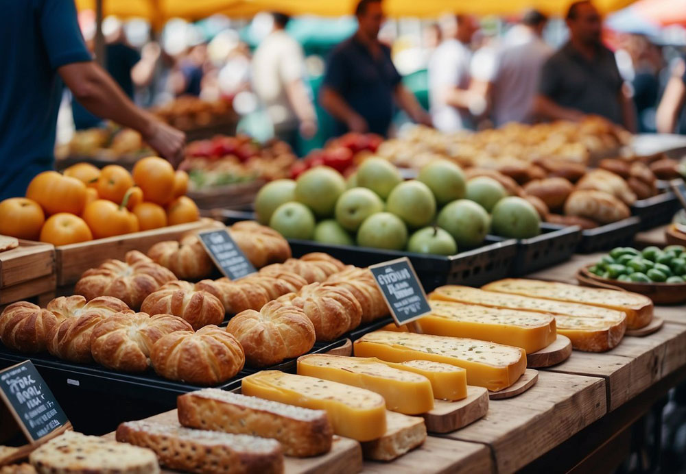 A bustling farmers market with colorful stalls filled with fresh produce, artisanal cheeses, and homemade pastries. The aroma of sizzling street food and the sound of live music fills the air