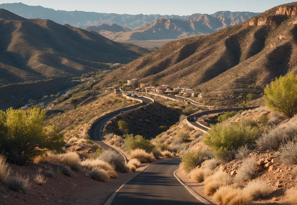 A winding road leads through desert terrain to the historic town of Jerome, perched on a mountainside with panoramic views