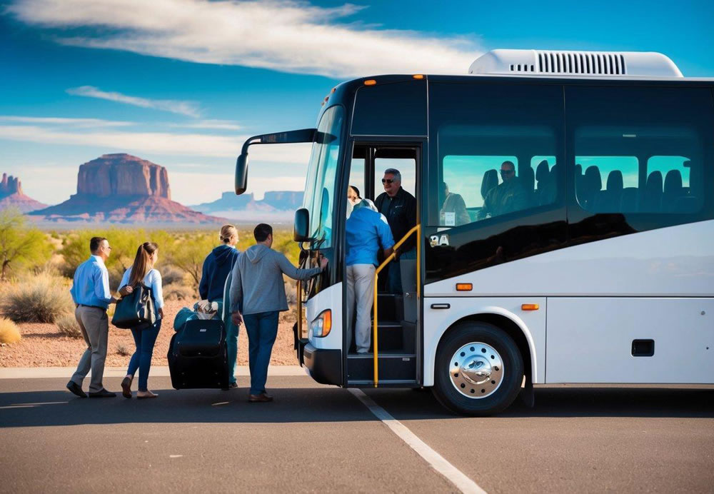 A group of people boarding a charter bus in front of a scenic Arizona backdrop. Luggage is being loaded into the bus's storage compartments