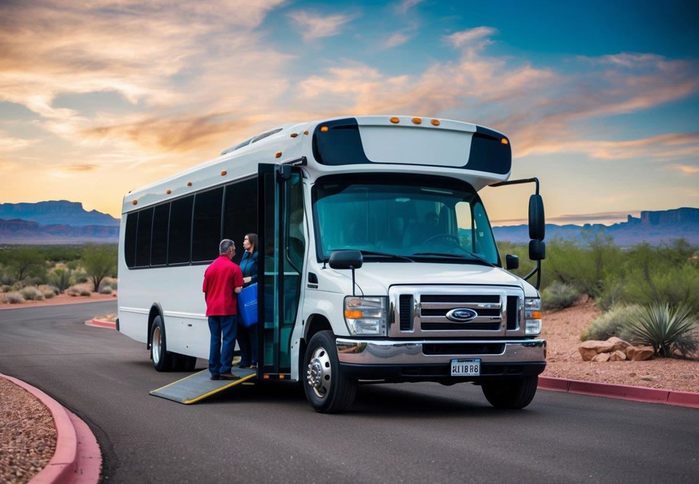 A charter bus parked outside a scenic Arizona landscape, with a driver loading luggage and passengers boarding