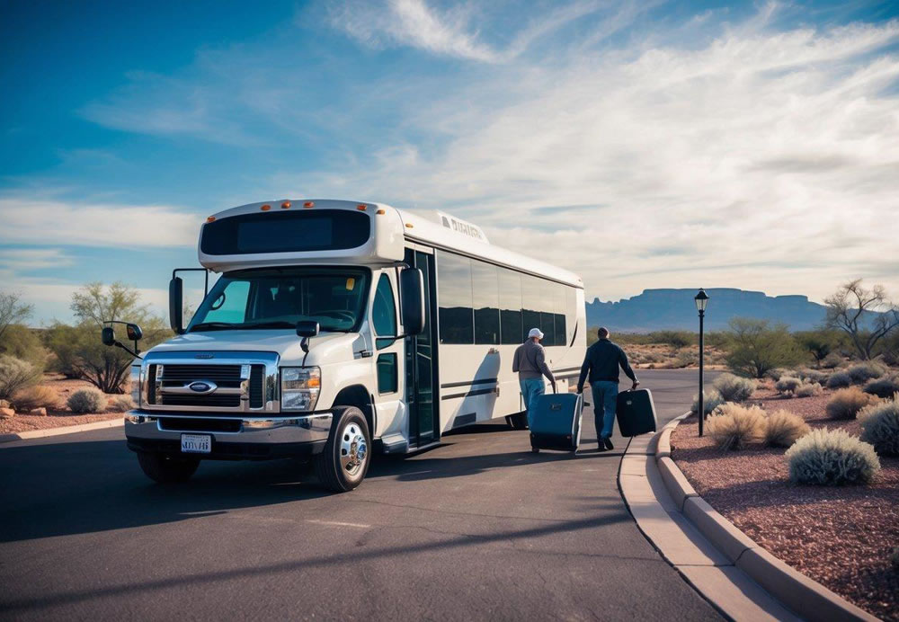 A charter bus parked outside a scenic Arizona landscape, with a driver loading luggage into the compartments while passengers board the bus