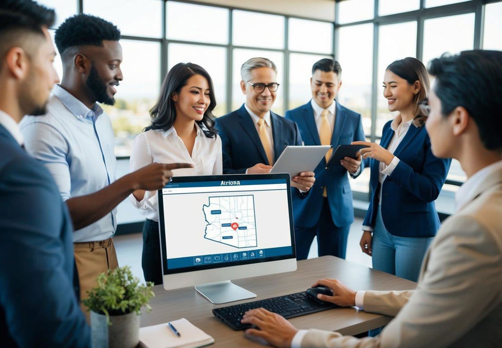 A group of people discussing and planning a charter bus trip, with a map of Arizona and a computer showing different bus options