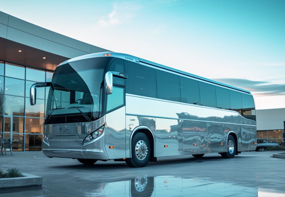 A  charter bus is standing in front of an event location.