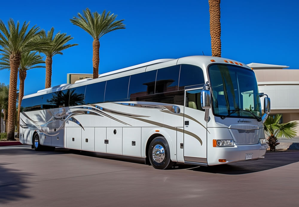 A  charter bus is standing in front of a bungalow surrounded by palm trees.