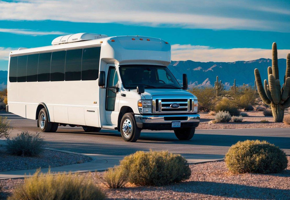 A charter bus parked in front of a scenic desert landscape in Scottsdale, Arizona, with a group of people boarding and a driver assisting