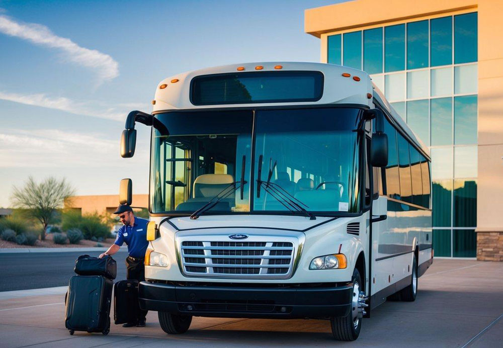 A charter bus parked outside a modern office building in Scottsdale, Arizona, with a driver loading luggage into the storage compartments