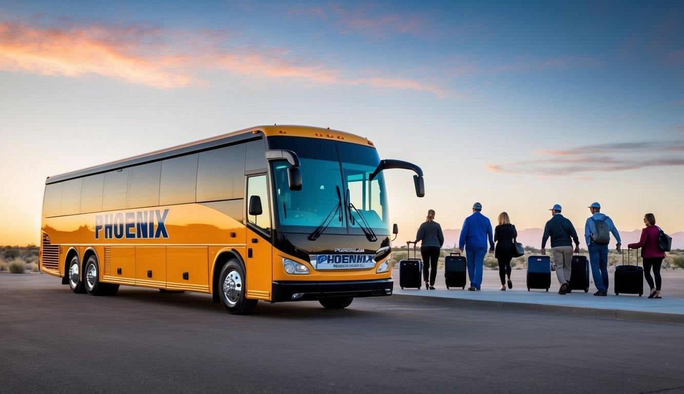 A Phoenix Charter Bus parked in front of a group of people boarding, with luggage being loaded into the storage compartments