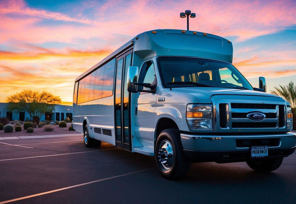 A sleek charter bus parked in front of a modern event venue in Scottsdale, Arizona, with a vibrant sunset in the background