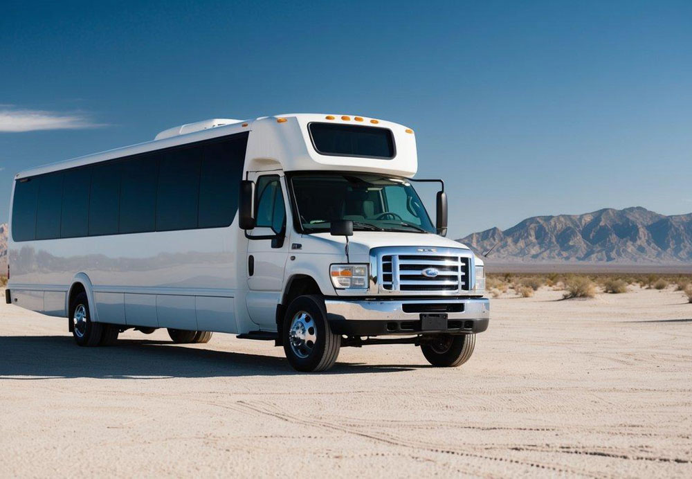 A charter bus parked in the desert with mountains in the background, under a clear blue sky